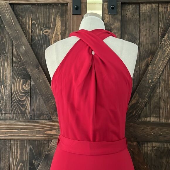 JASAMBAC Elegant Criss Cross Halter Neck Ruffle Hem Belted Bodycon Dress - Picture 8 of 14